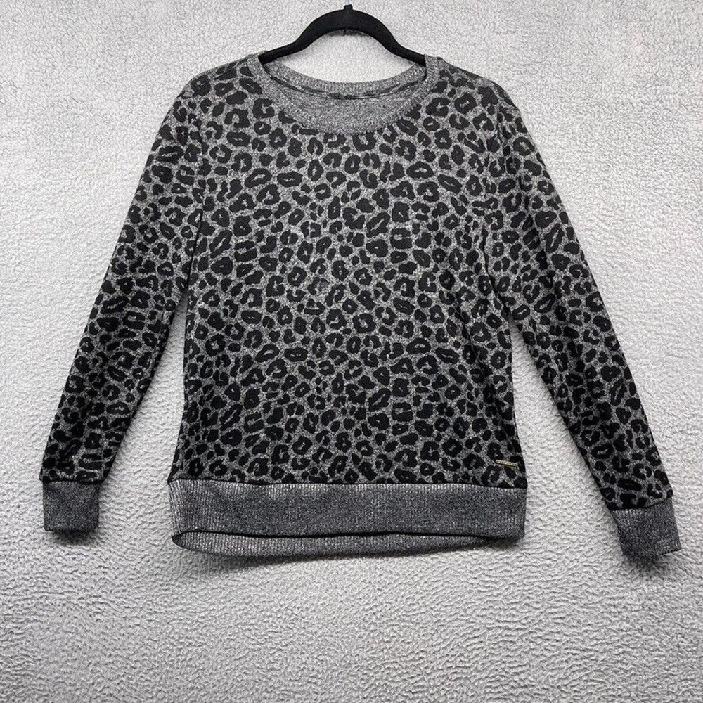 BCBGMAXAZRIA Womens Sweater Gray Leopard Print Long Sleeve Scoop Neck Size L